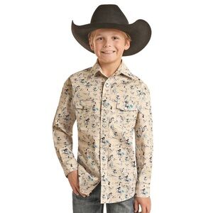 $55 NWOT Rock & Roll Denim Youth Boy's Running Horse Print Beige Snap Shirt XS